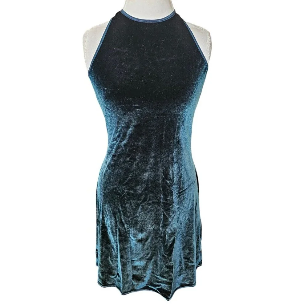 90s Womens Medium Velvet Halter Mini Dress Dark Green Stretchy Party Formal - Picture 2 of 10